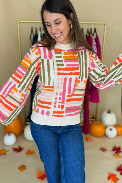 Pink Orange Green Rectangle Print Sweater