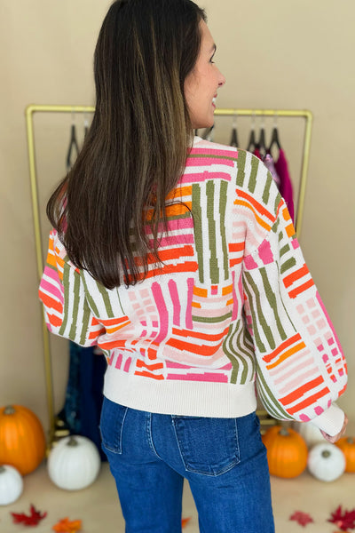 Pink Orange Green Rectangle Print Sweater