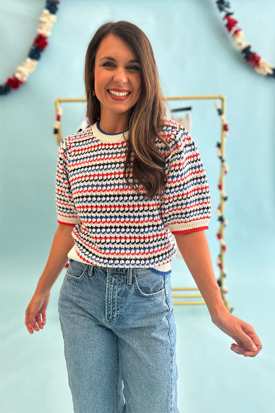 Red White Blue Striped Knit Top