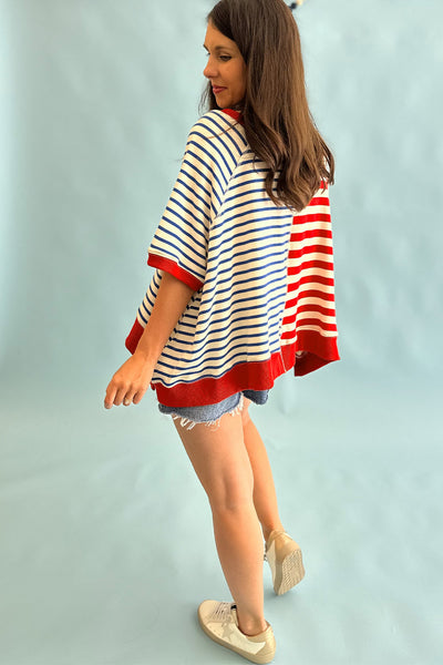 Mixed Stripe Red and Blue SS Top
