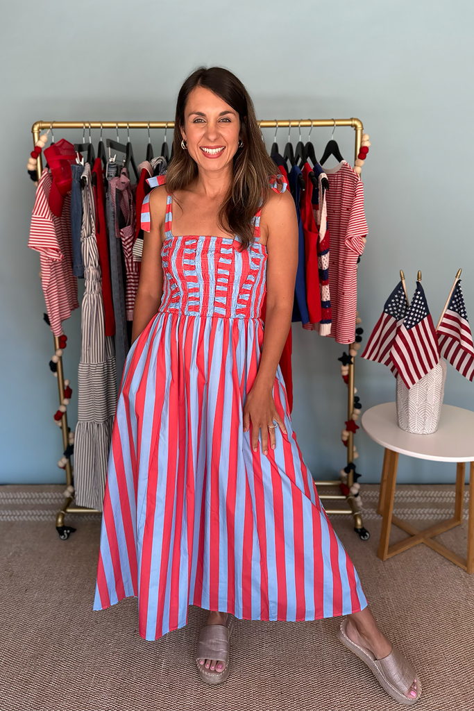 Red Blue Striped Smocked Bust Midi Dress | Women's Summer Dresses