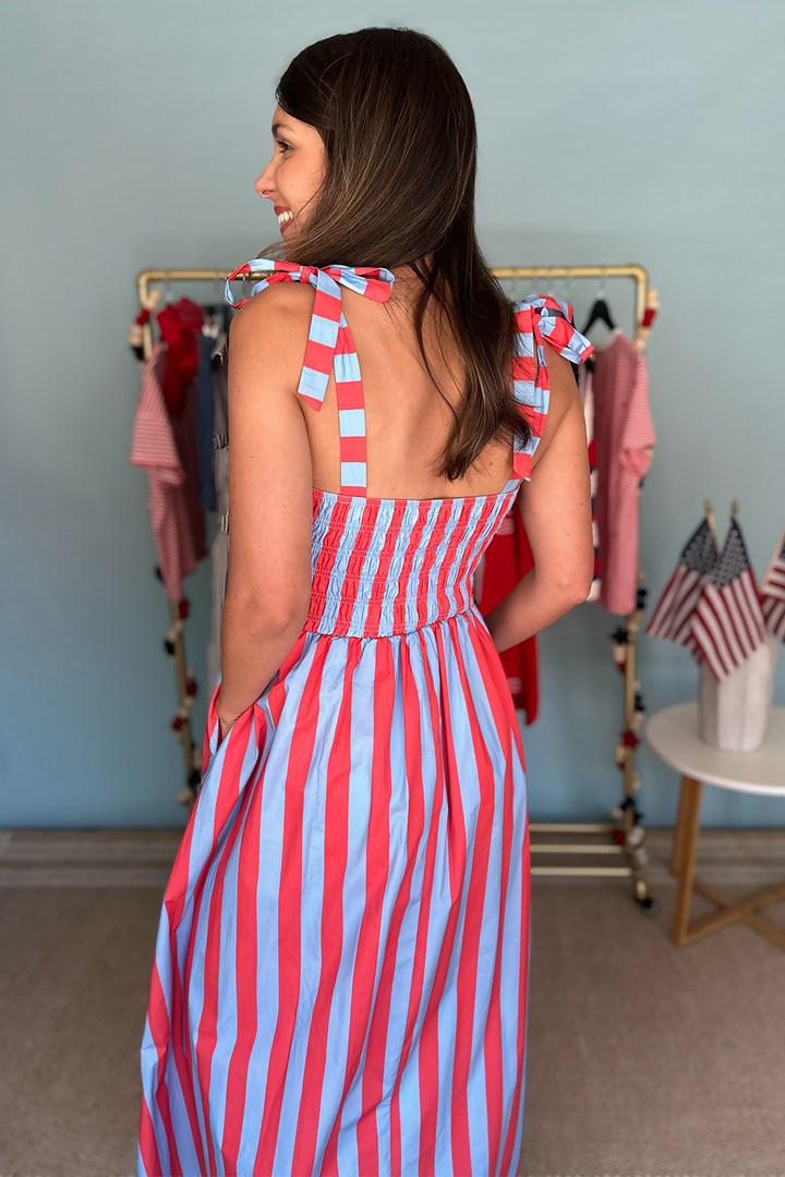 Red Blue Striped Smocked Bust Midi Dress | Women's Summer Dresses