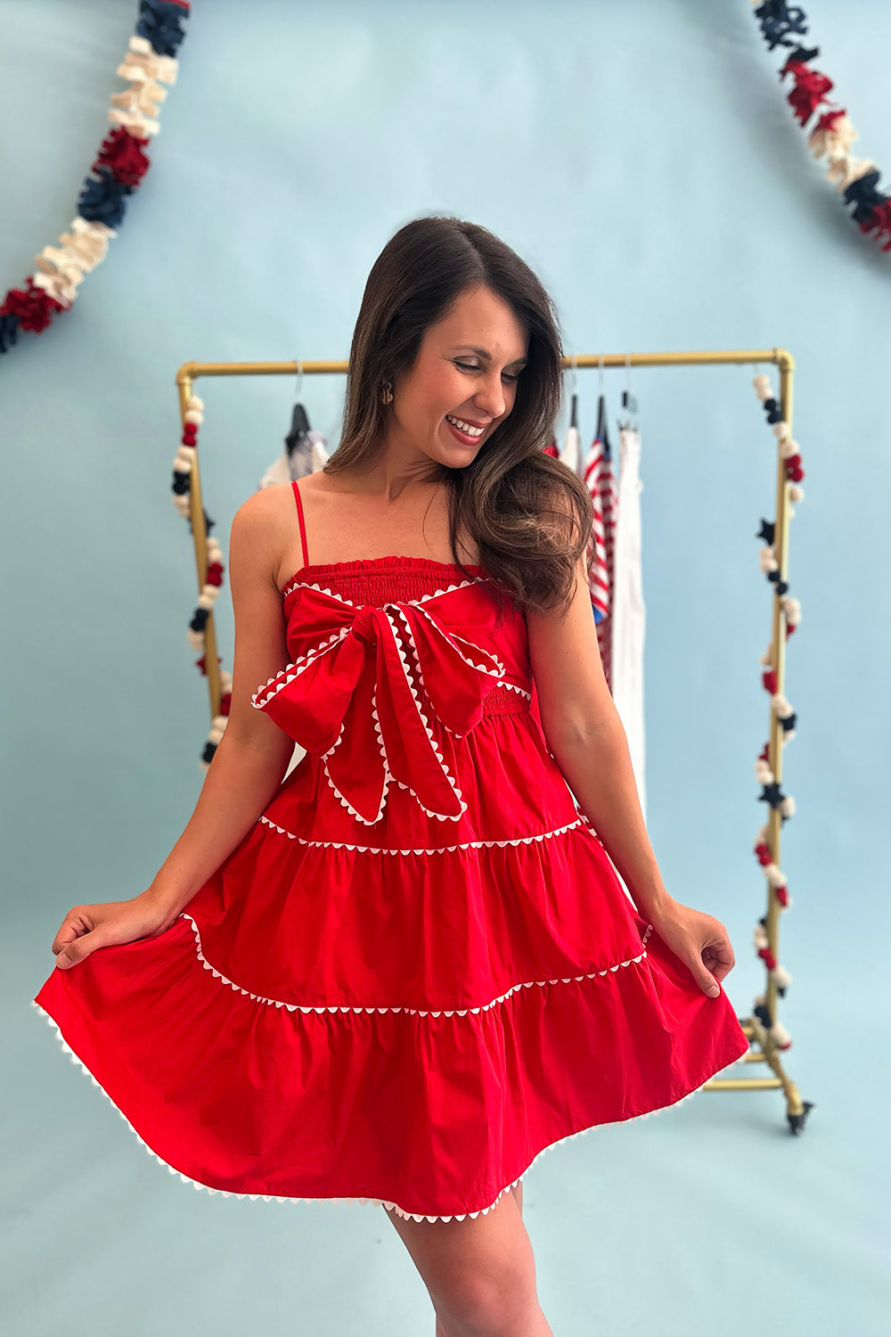 Red White Trim Bow Front Dress
