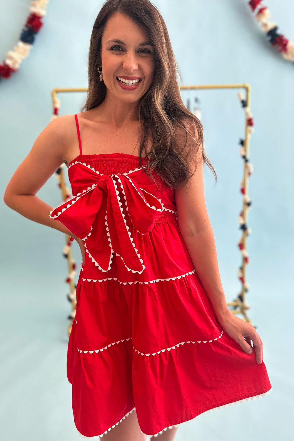 Red White Trim Bow Front Dress