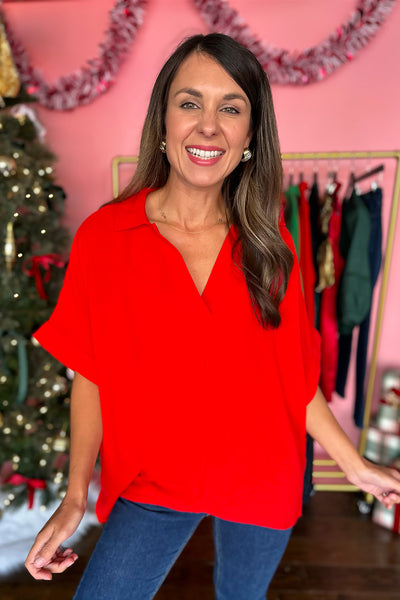 Red Collared Dolman Sleeve Top