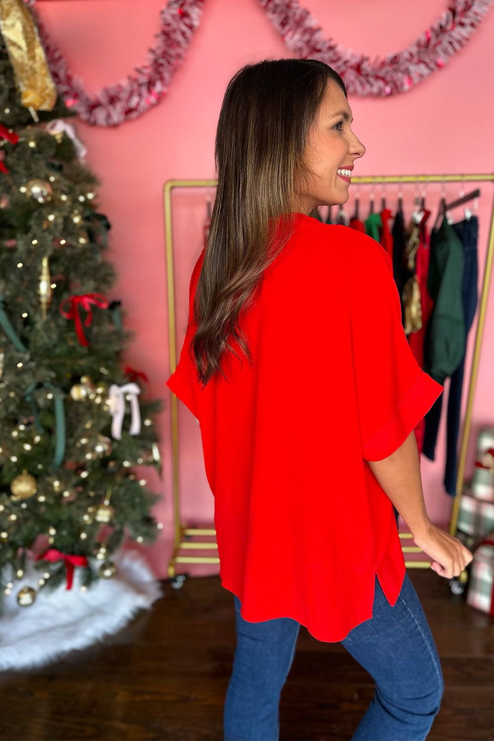 Red Collared Dolman Sleeve Top