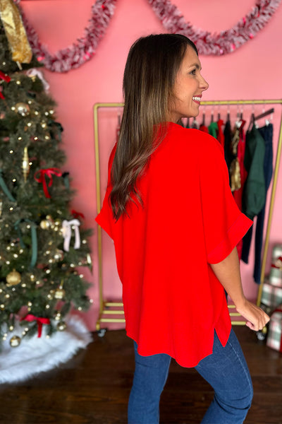 Red Collared Dolman Sleeve Top