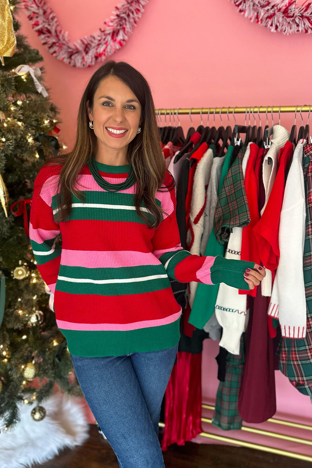 Red, Pink, Green Striped Sweater