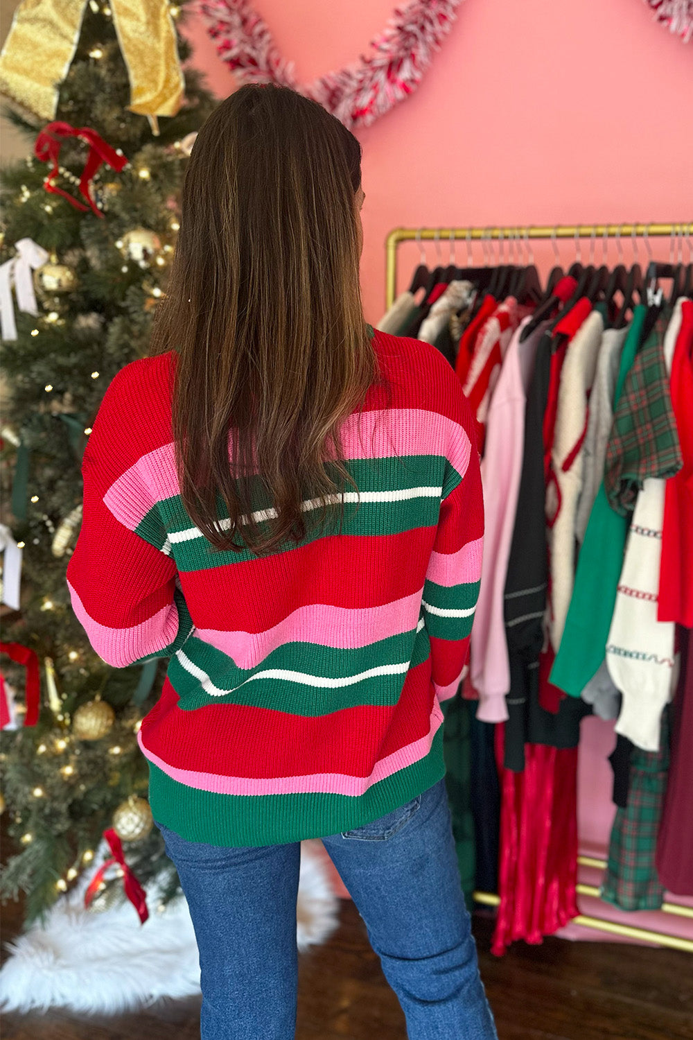 Red, Pink, Green Striped Sweater