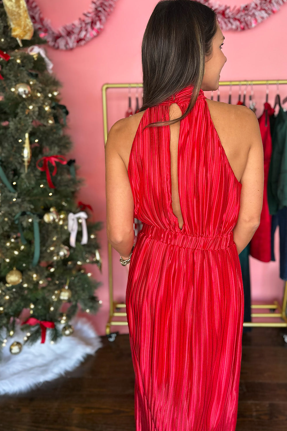 Red Pleated High Neck Long Dress