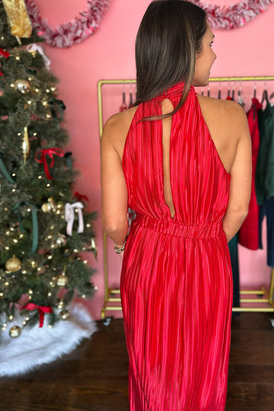 Red Pleated High Neck Long Dress