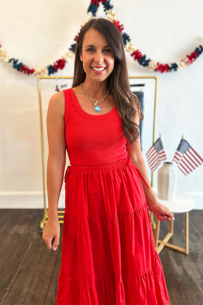 Red Tiered Sleeveless Midi Dress