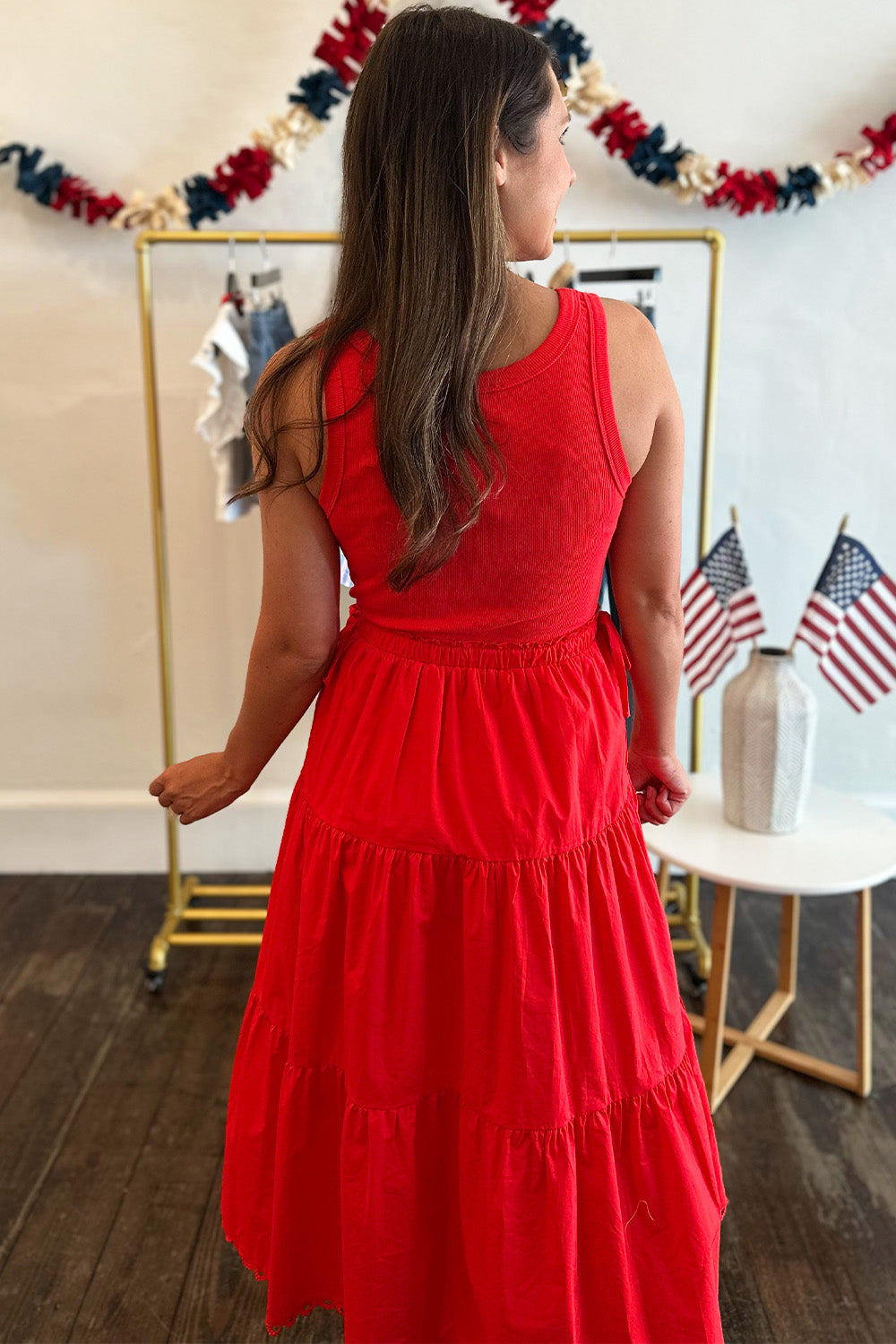 Red Tiered Sleeveless Midi Dress
