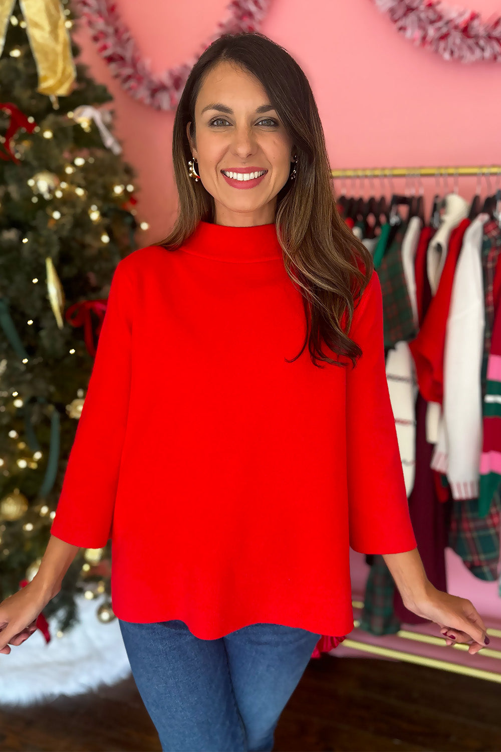 Mock Neck Bell Sleeve Sweater Red