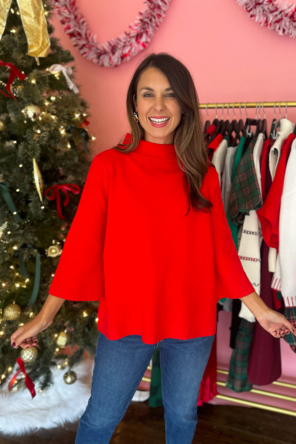 Mock Neck Bell Sleeve Sweater Red