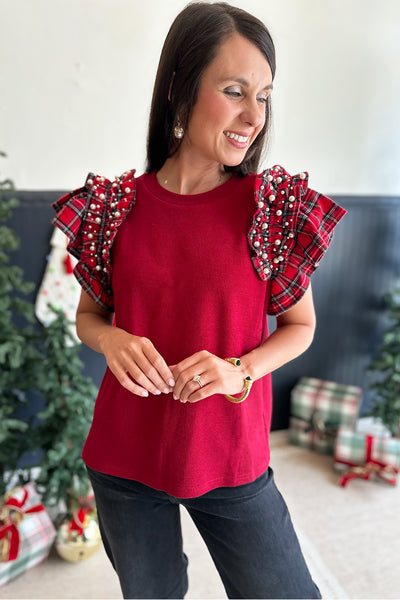 Red Plaid and Pearl Ruffle Top