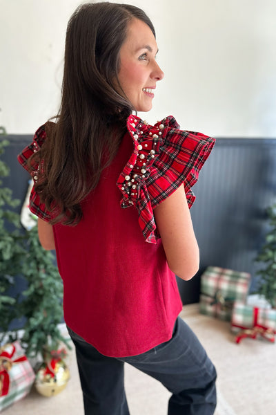 Red Plaid and Pearl Ruffle Top