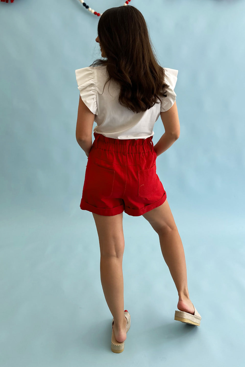Red Denim Shorts with Pearls