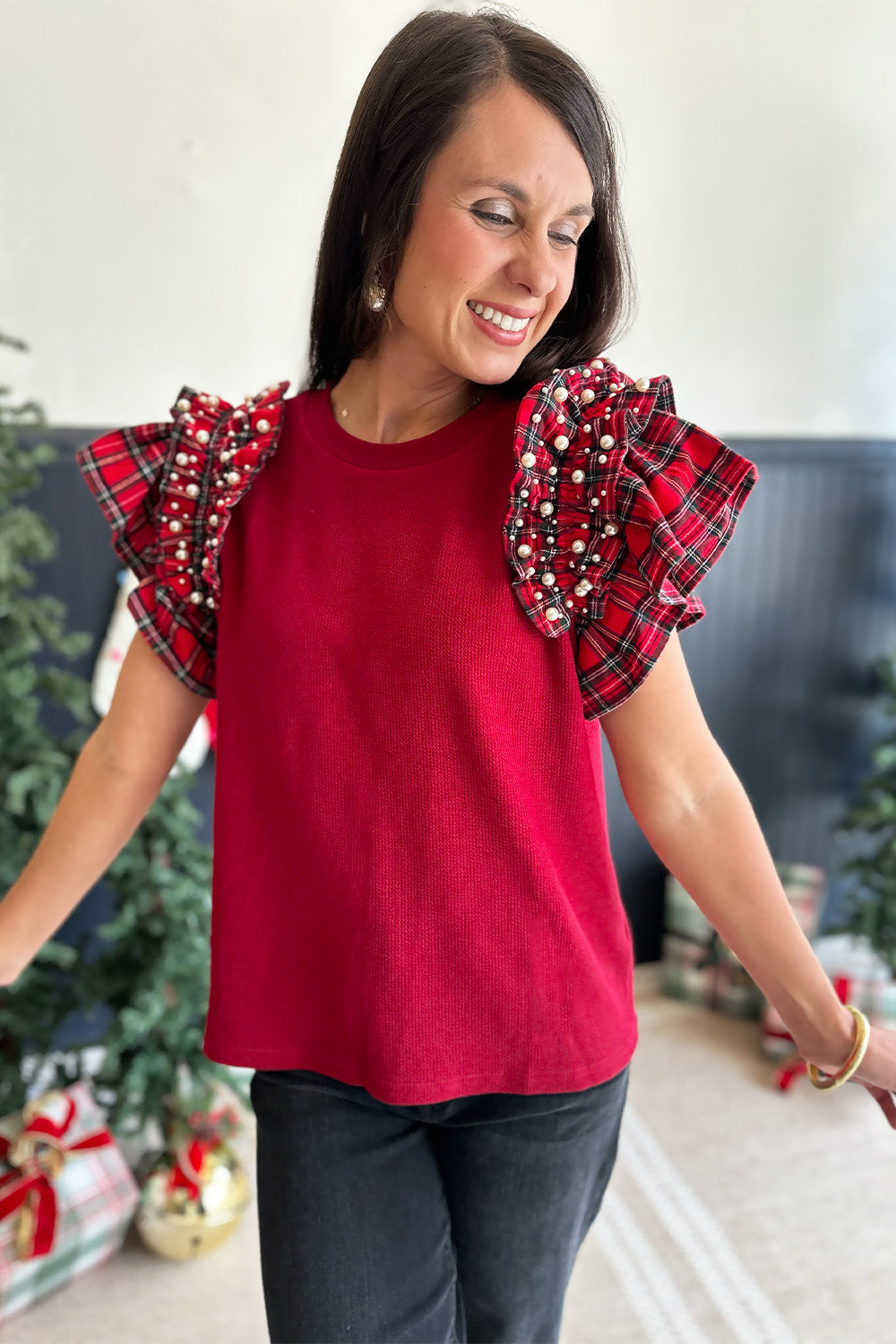 Red Plaid and Pearl Ruffle Top