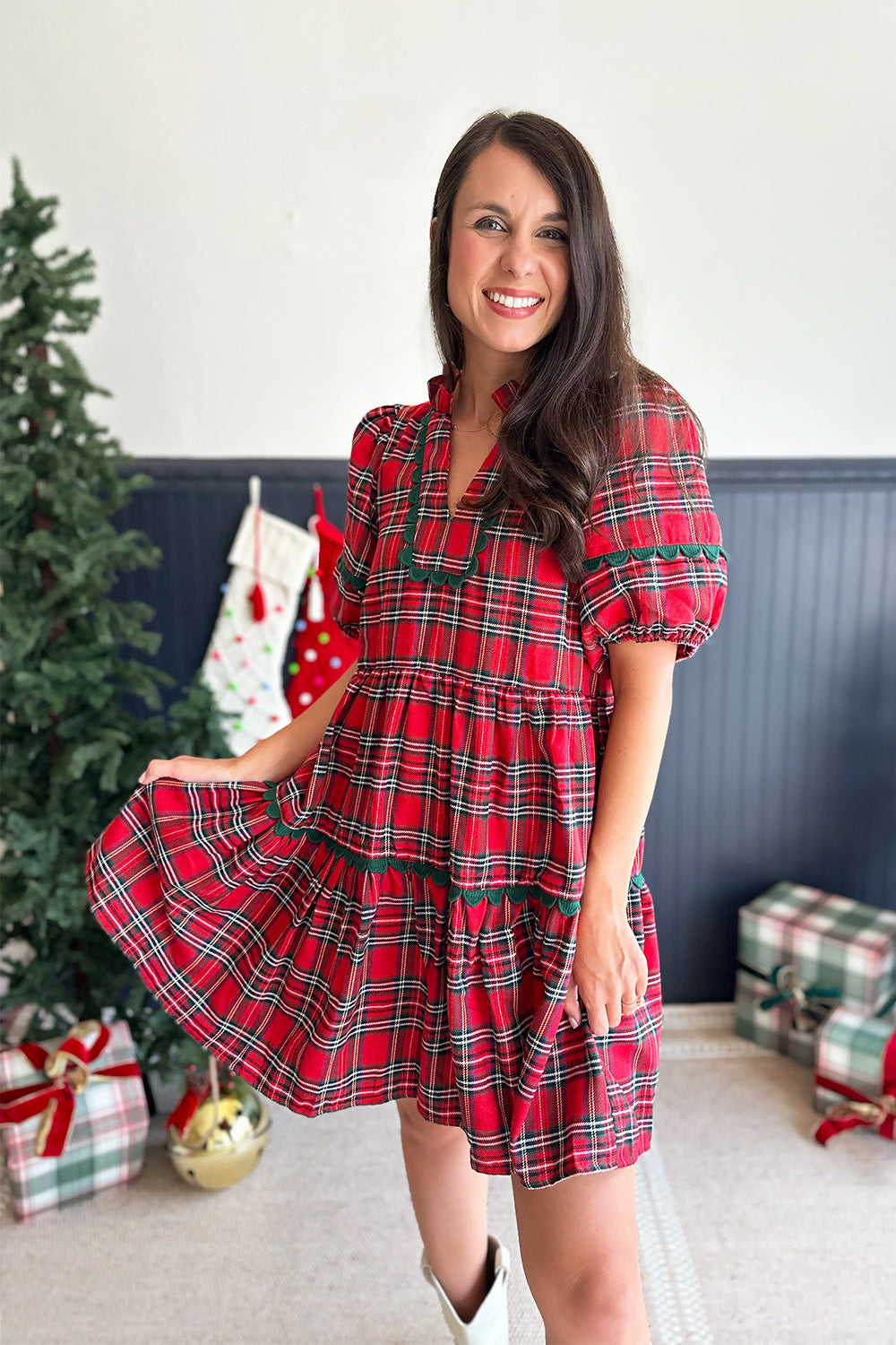 Red Plaid Scallop Dress