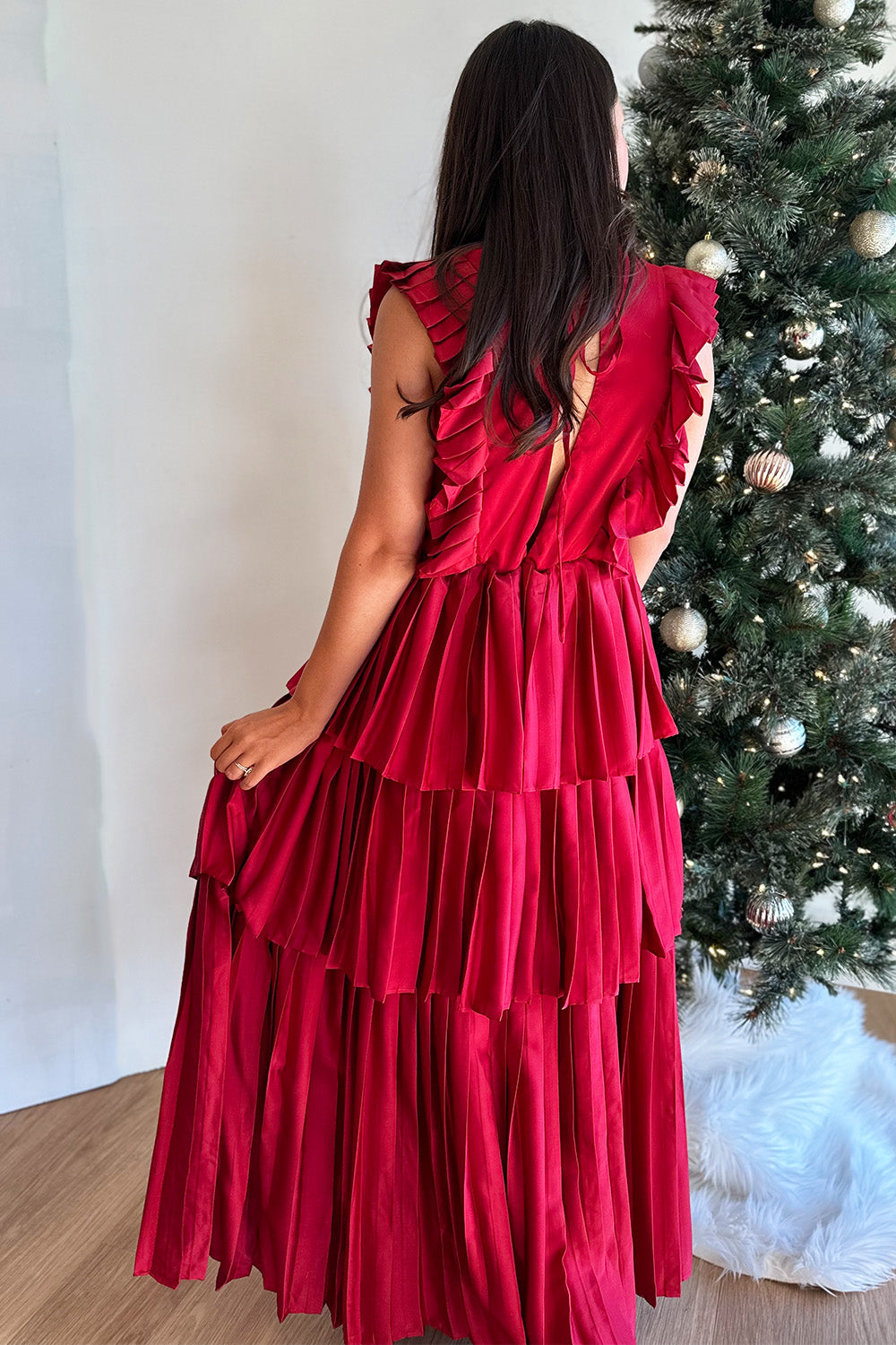 Pleated Vneck Tiered Maxi Dress Burgundy