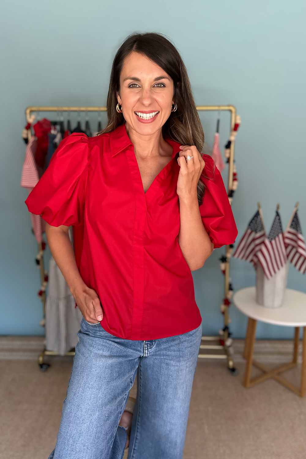Red V-Neck Puff Sleeve Blouse | Women's Cotton Poplin Tops | Truly