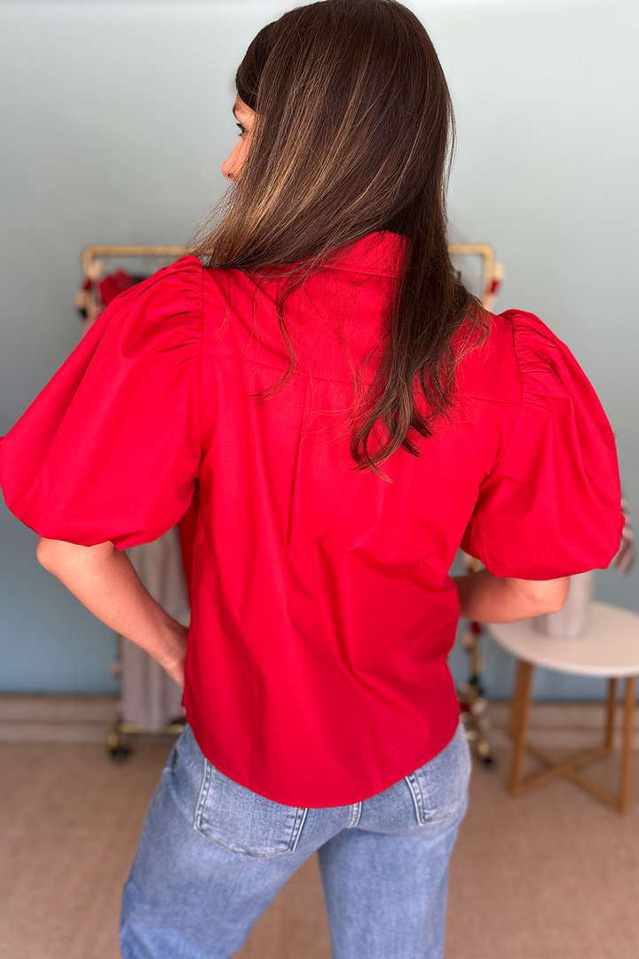 Red V-Neck Puff Sleeve Blouse | Women's Cotton Poplin Tops | Truly