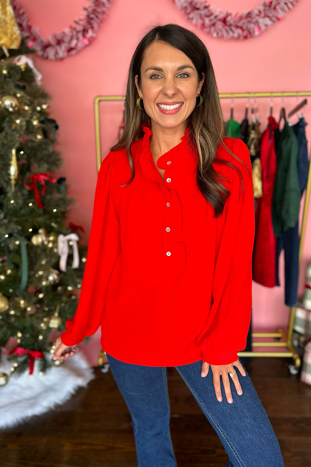 Long Sleeve Button Front Blouse Red