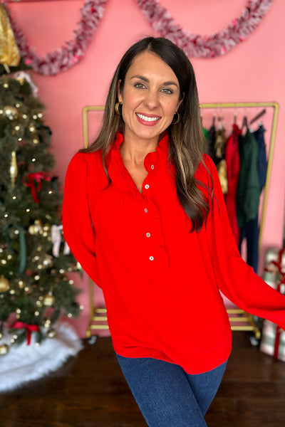 Long Sleeve Button Front Blouse Red