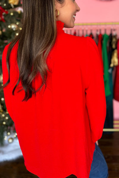 Long Sleeve Button Front Blouse Red