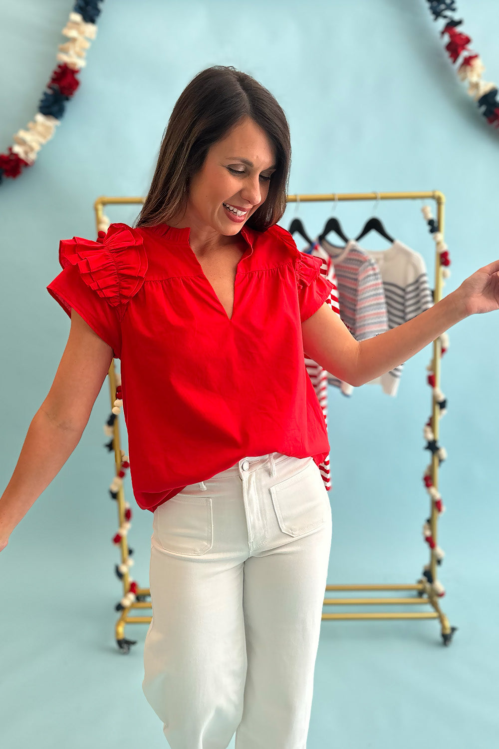 Red Ruffle Split Neck Top