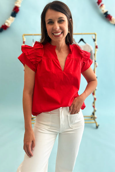 Red Ruffle Split Neck Top