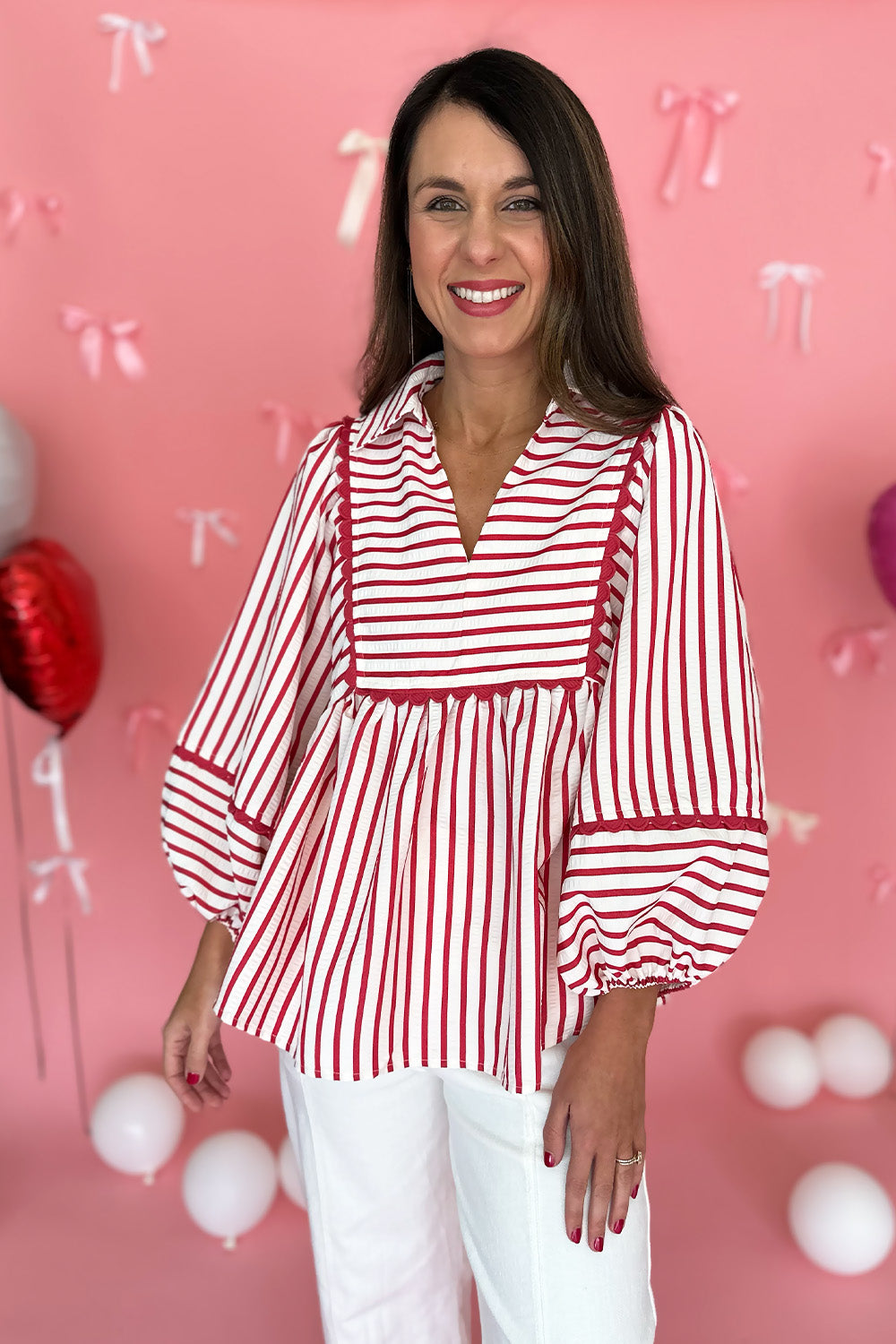 Stripe Scallop Collared Blouse Coral