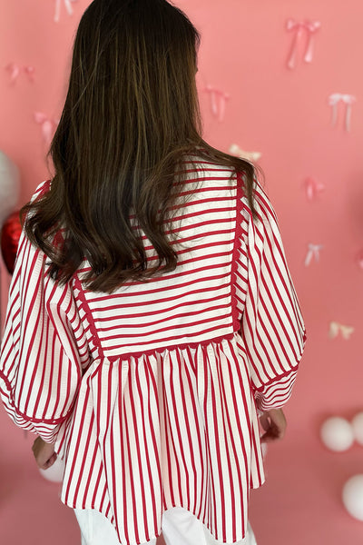 Stripe Scallop Collared Blouse Coral