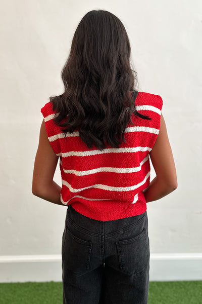 Textured Sleeveless Stripe Top Red