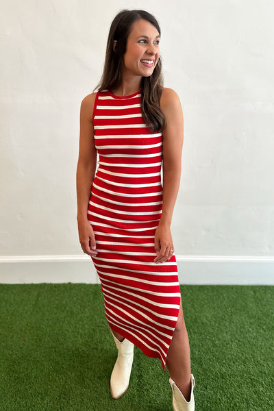 Red White Stripe Sleeveless Midi Dress