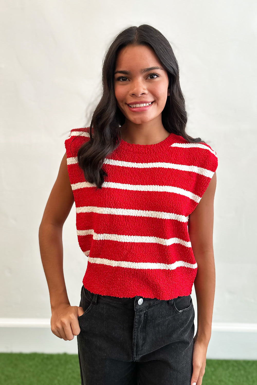 Textured Sleeveless Stripe Top Red