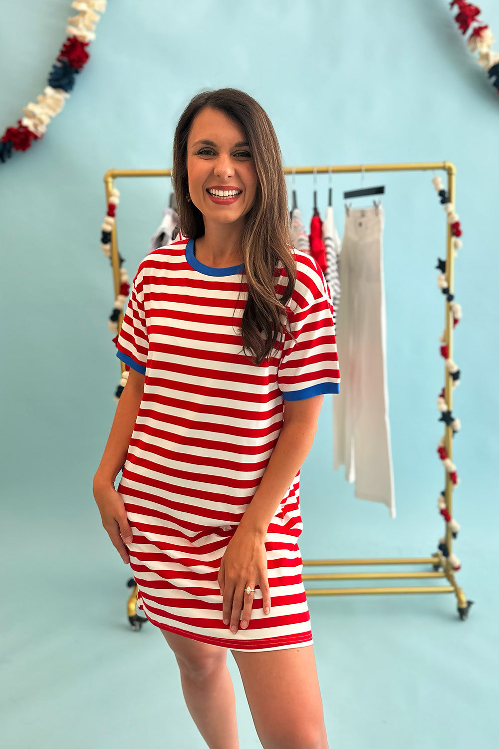 Striped Short Sleeve Dress Red