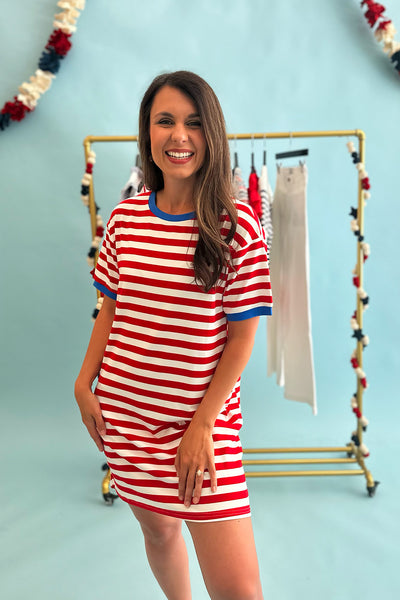 Striped Short Sleeve Dress Red