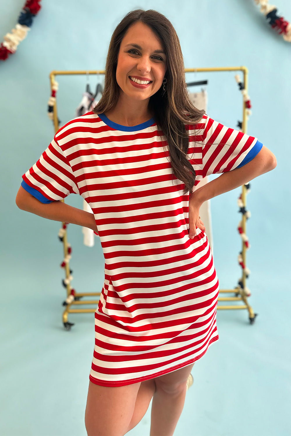 Striped Short Sleeve Dress Red