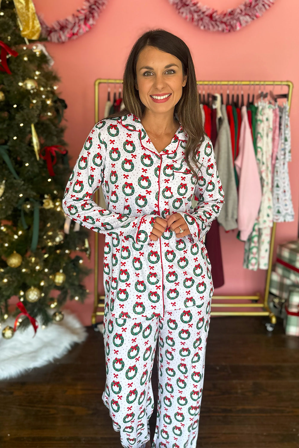 Red Bow Wreath Button Up Pants Pajama Set