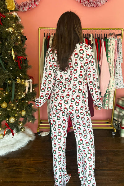 Red Bow Wreath Button Up Pants Pajama Set