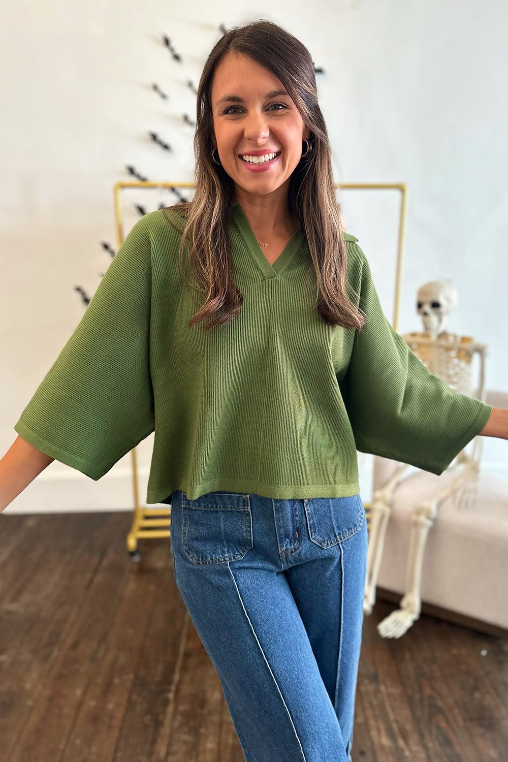 Ribbed Collared Wide Sleeve Top Olive