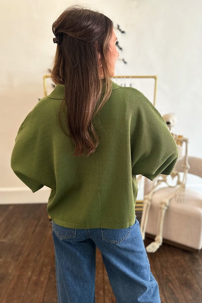 Ribbed Collared Wide Sleeve Top Olive