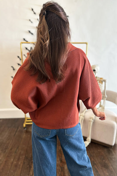 Ribbed Collared Wide Sleeve Top Brown