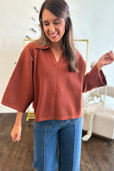 Ribbed Collared Wide Sleeve Top Brown
