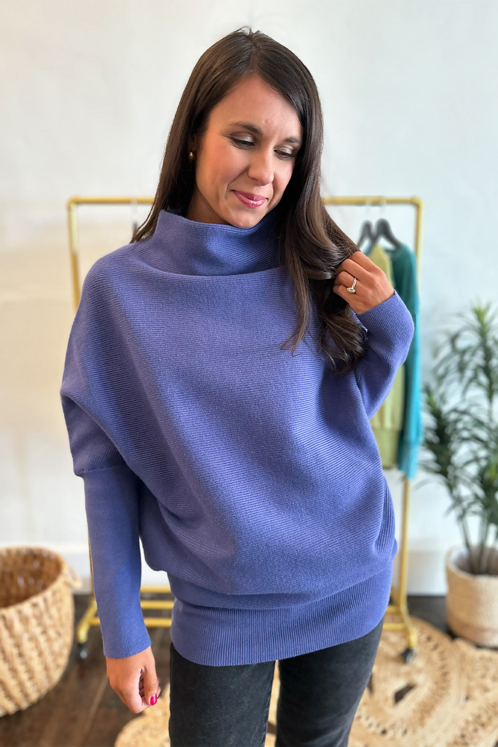 Ribbed Mock Neck Sweater Blue