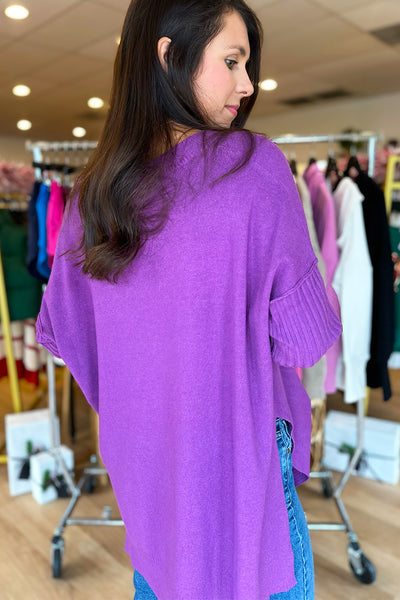 Ribbed Sleeve Vneck Sweater Violet