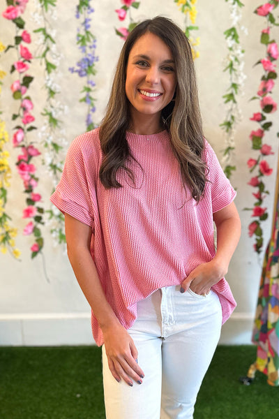 Ribbed Short Sleeve Top Pink