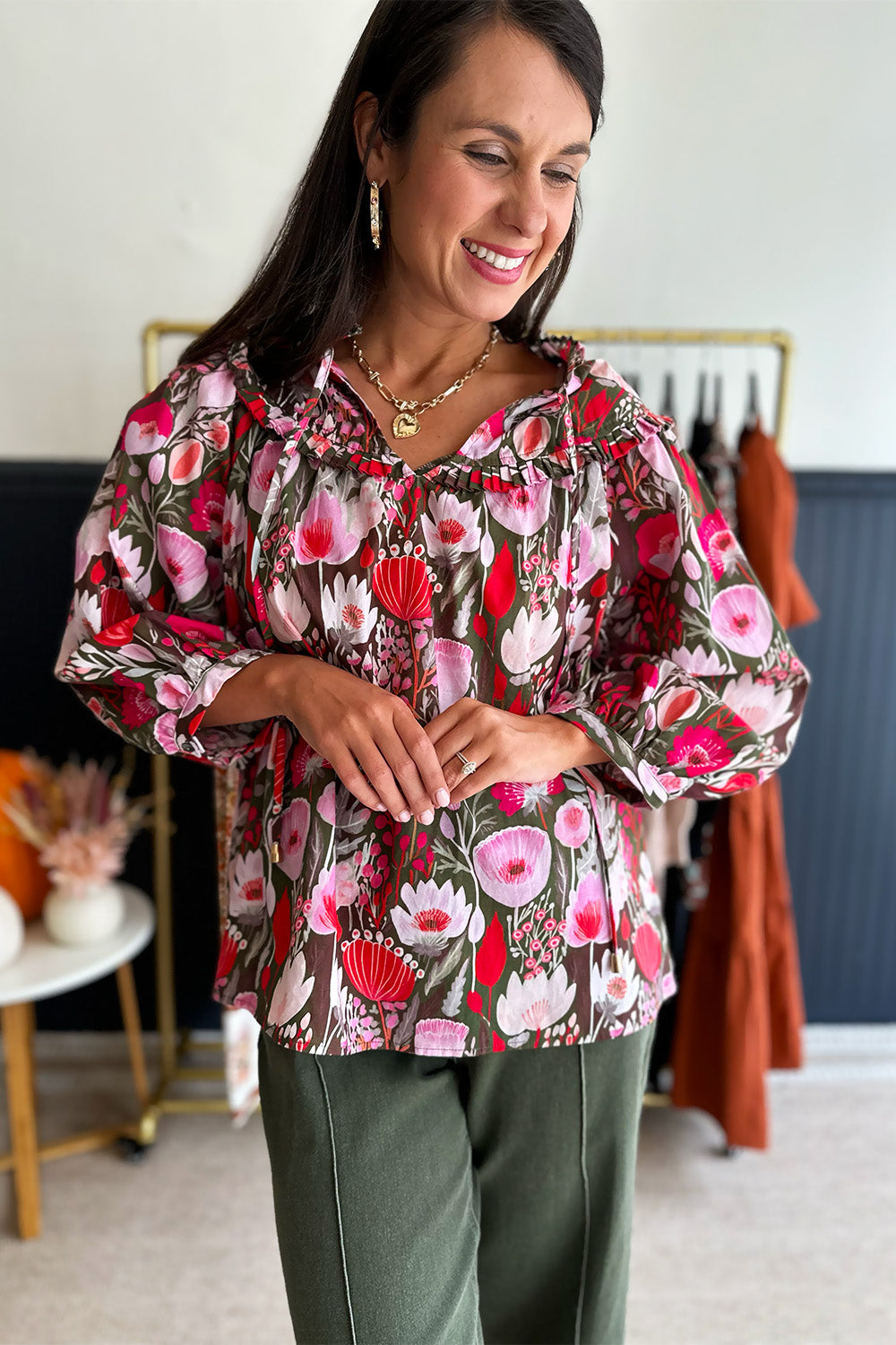 Ruby Floral Printed Tie Neck LS Blouse